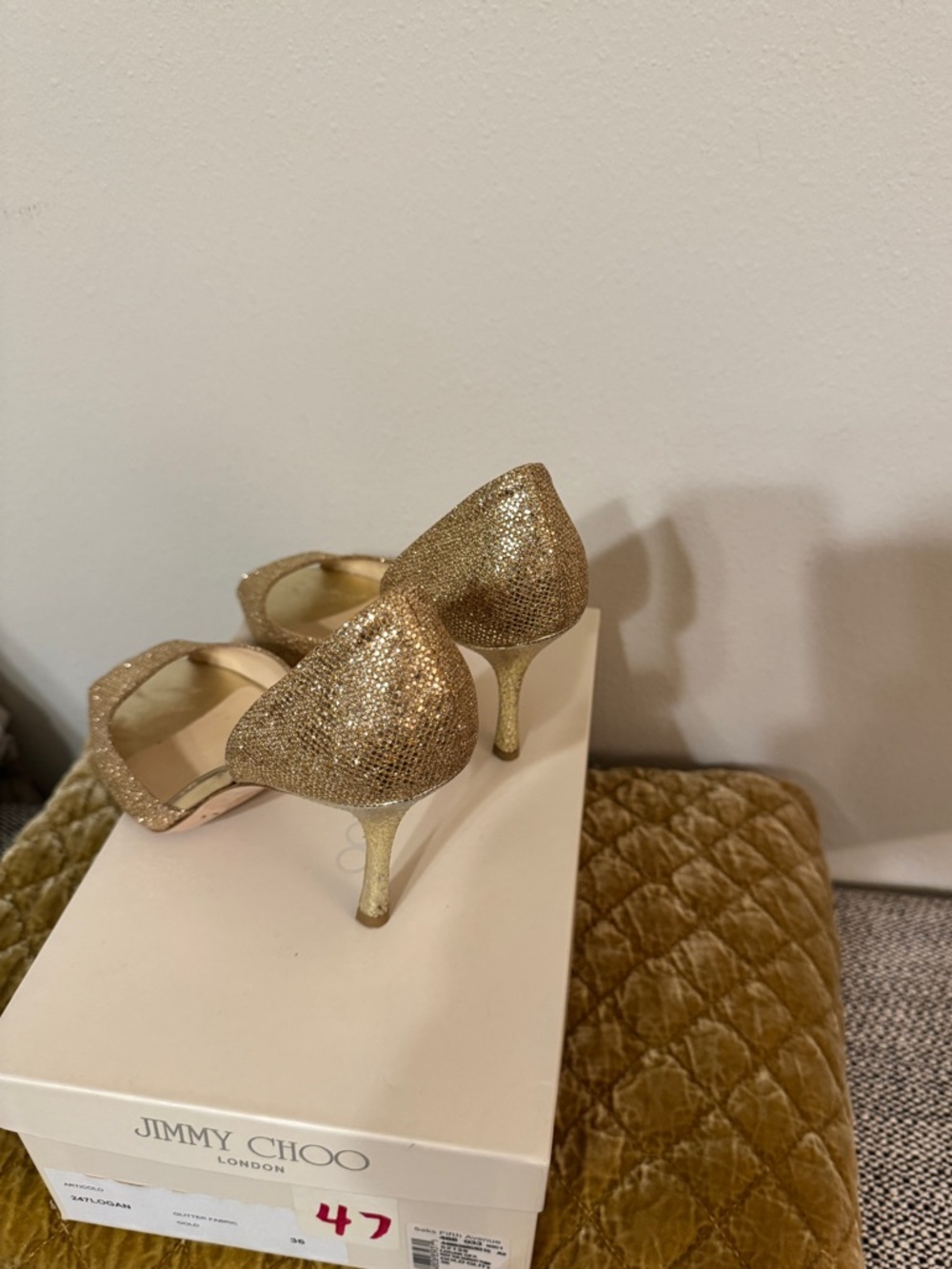 Jimmy Choo Gold Glitter Peep-Toe Heels - Picture 2 of 4
